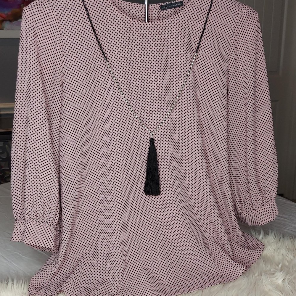 Pink with Black Polk a dot dress blouse /necklace included